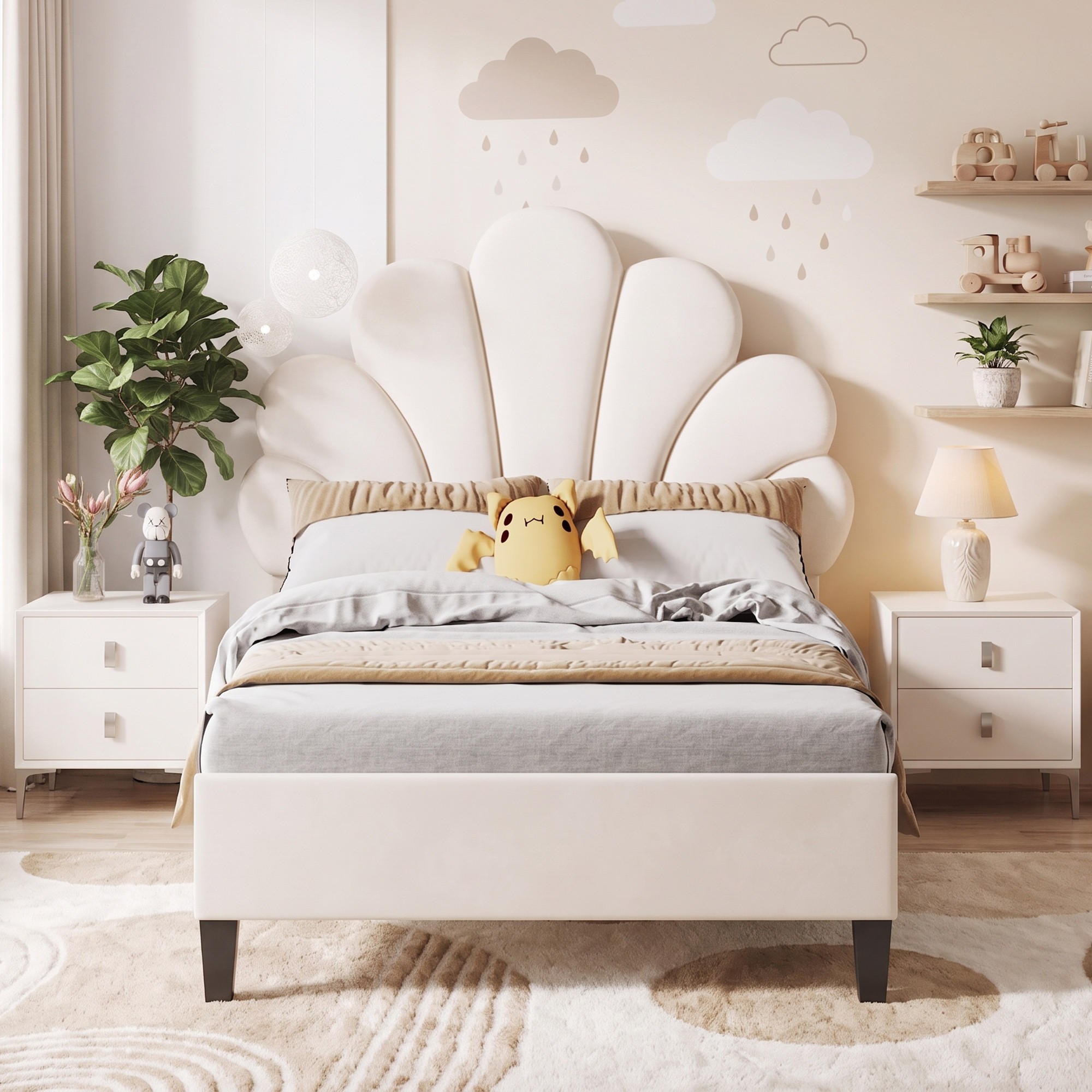KINDERBETT 90x200 mit Lattenrost, Blütenblatt-Kopfteil, höhenverstellbar, Beige - Beige, Holz/Textil (90/200cm) - GENKI LIVING