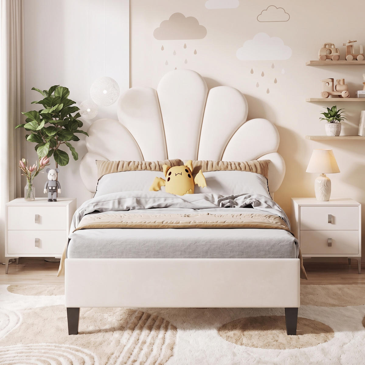 KINDERBETT 90x200 mit Lattenrost, Blütenblatt-Kopfteil, höhenverstellbar, Beige - Beige, Holz/Textil (90/200cm) - GENKI LIVING