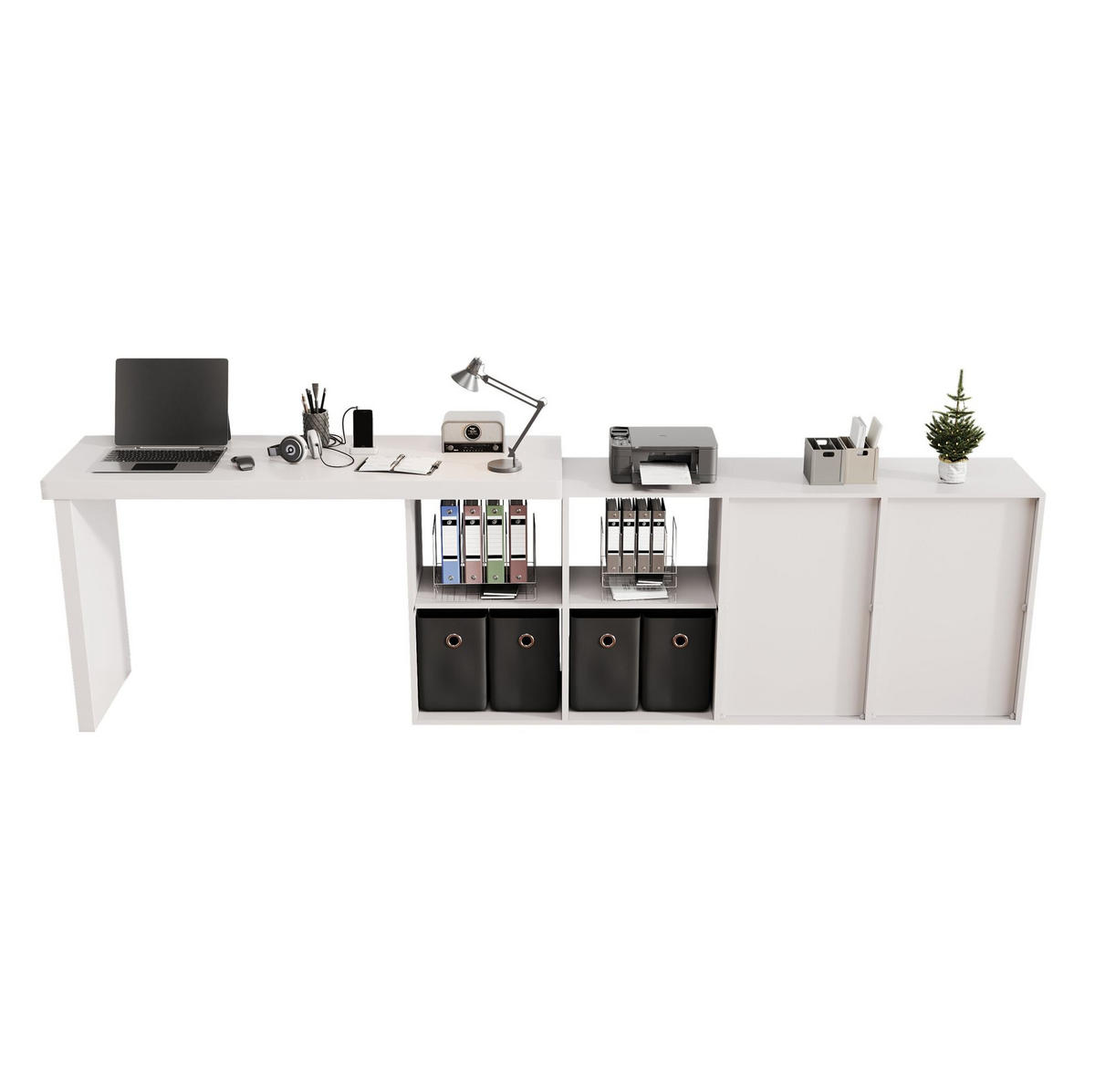 SCHREIBTISCH drehbar L-Form oder gerade MDF Weiß mit 8 Fächern - Weiß, Holz (140/120/78cm) - Meubliv