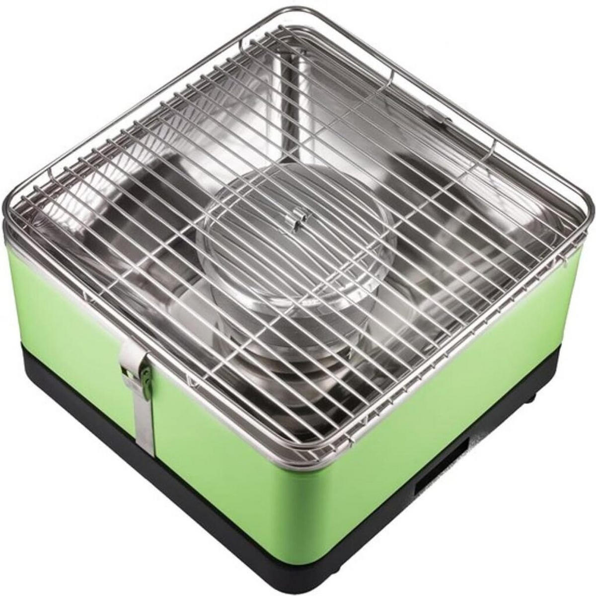 GRILL – JUNG BBQ Arizona – Rauchfreier Holzkohle-Grill für Balkon, Terrasse & Boot, Kompakt, Mobil, Edelstahl, Schnelles Aufheizen, 6x Brennpaste - Grün, Metall (33/20/33cm)