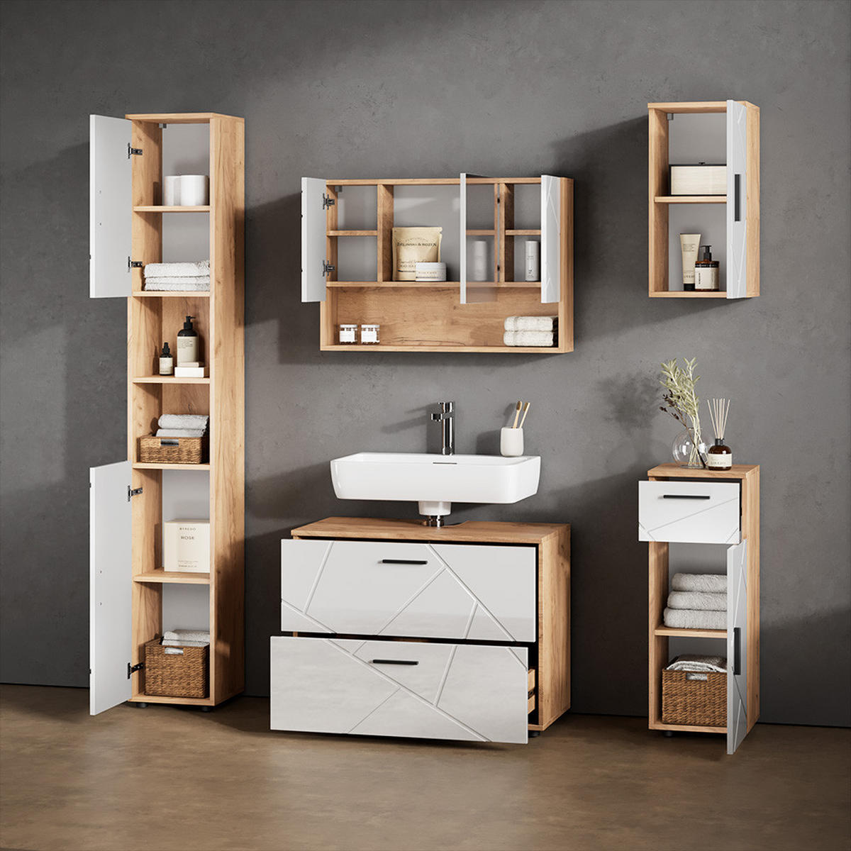 MIDISCHRANK Ronco Weiß Hochglanz/Goldkraft Eiche 30 x 81 cm - Weiß Hochglanz, Holzwerkstoff (30/81/30cm) - Livinity®