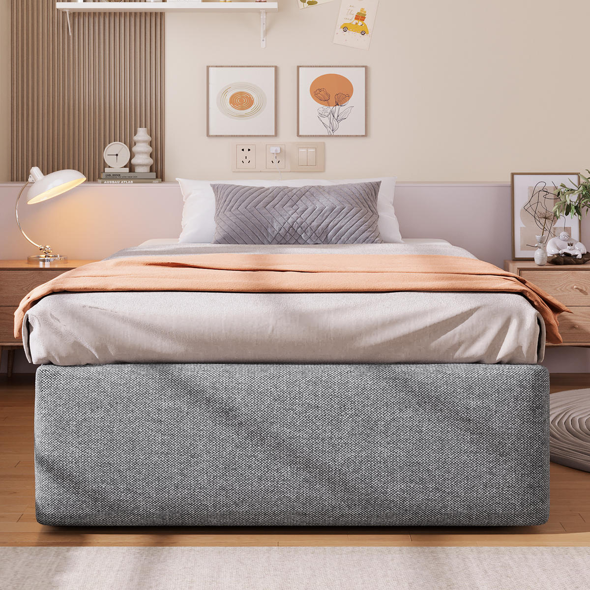 ČALOUNĚNÁ POSTEL 90/200 cm v šedé barvě s úložným prostorem a zásuvkou - šedá, kov/kompozitní dřevo (90/200cm) - CHICFURN