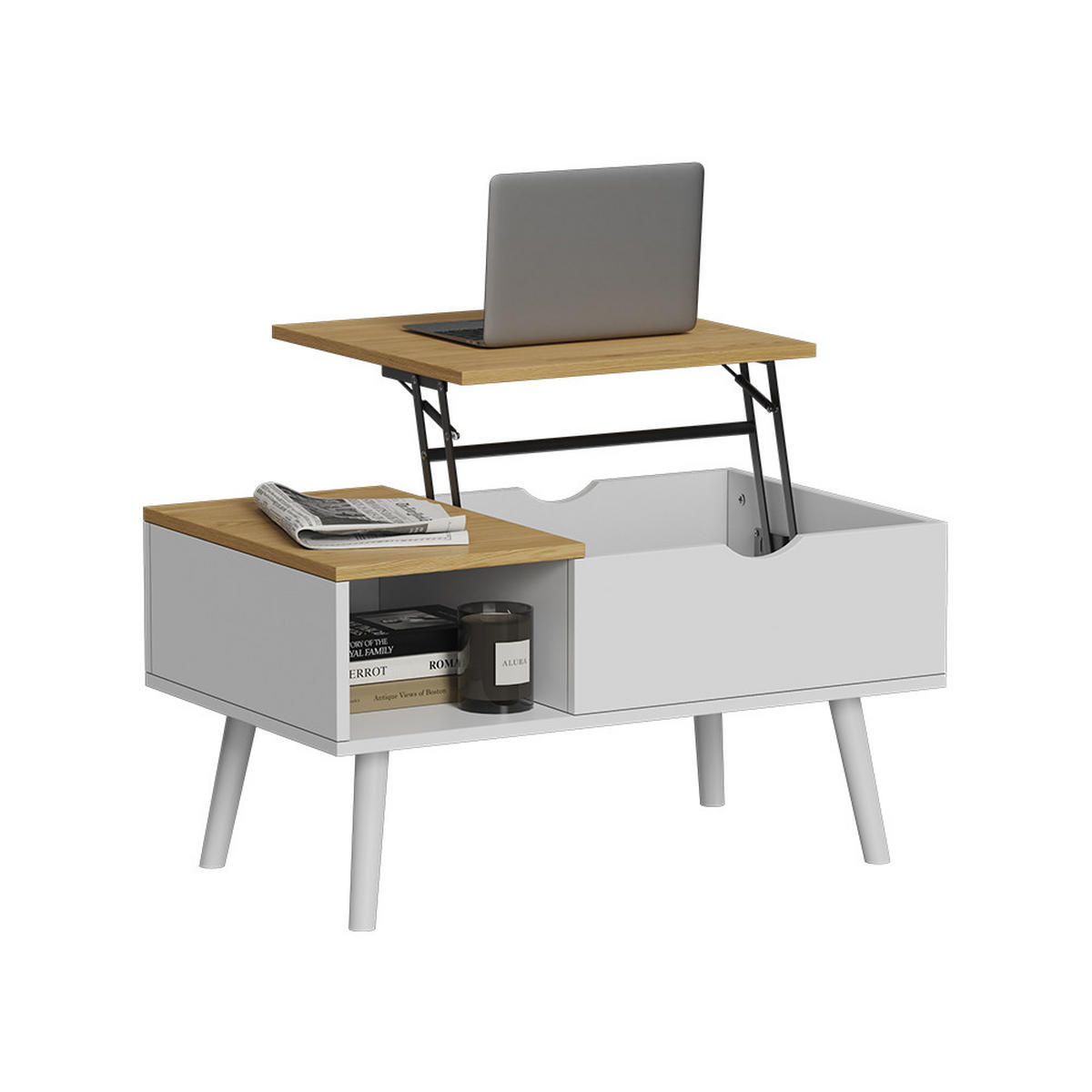 COUCHTISCH Stora Weiß/Eiche 76 x 45 cm mit Liftfunktion - Eichefarben/Weiß, Holzwerkstoff (45/76/40cm) - Vicco