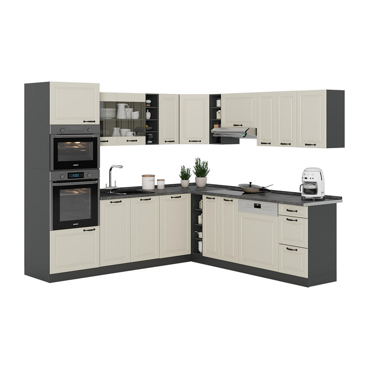 ECKKÜCHE R-Line, Sand Landhaus/Anthrazit, 247 x 237 cm - Beige/Anthrazit, Holzwerkstoff (247/206.8/46cm) - Vicco