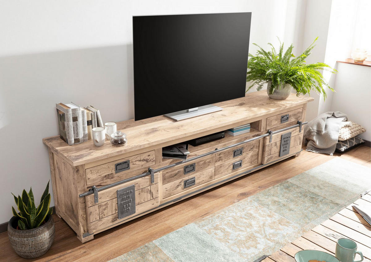 TV-BOARD Mango 240x50x60 whitewash lackiert RAILWAY #356 - Beige, Holz (240/60/50cm) - Massivmoebel24