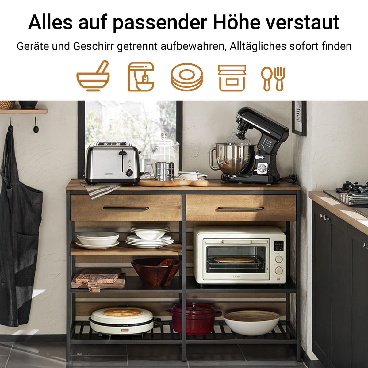 KÜCHENSCHRANK mit 120 cm Arbeitsplatte, 2 Schubladen, 4 offenen Fächern, Vintage Braun, für Küche, Esszimmer und Flur - Braun, Holz/Holzwerkstoff (120/91/45cm) - SoBuy