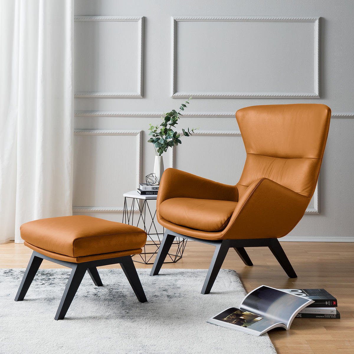 SESSEL mit Holzfüßen - Cognac/Schwarz, Leder/Birkenholz (84/99/96cm) - home24