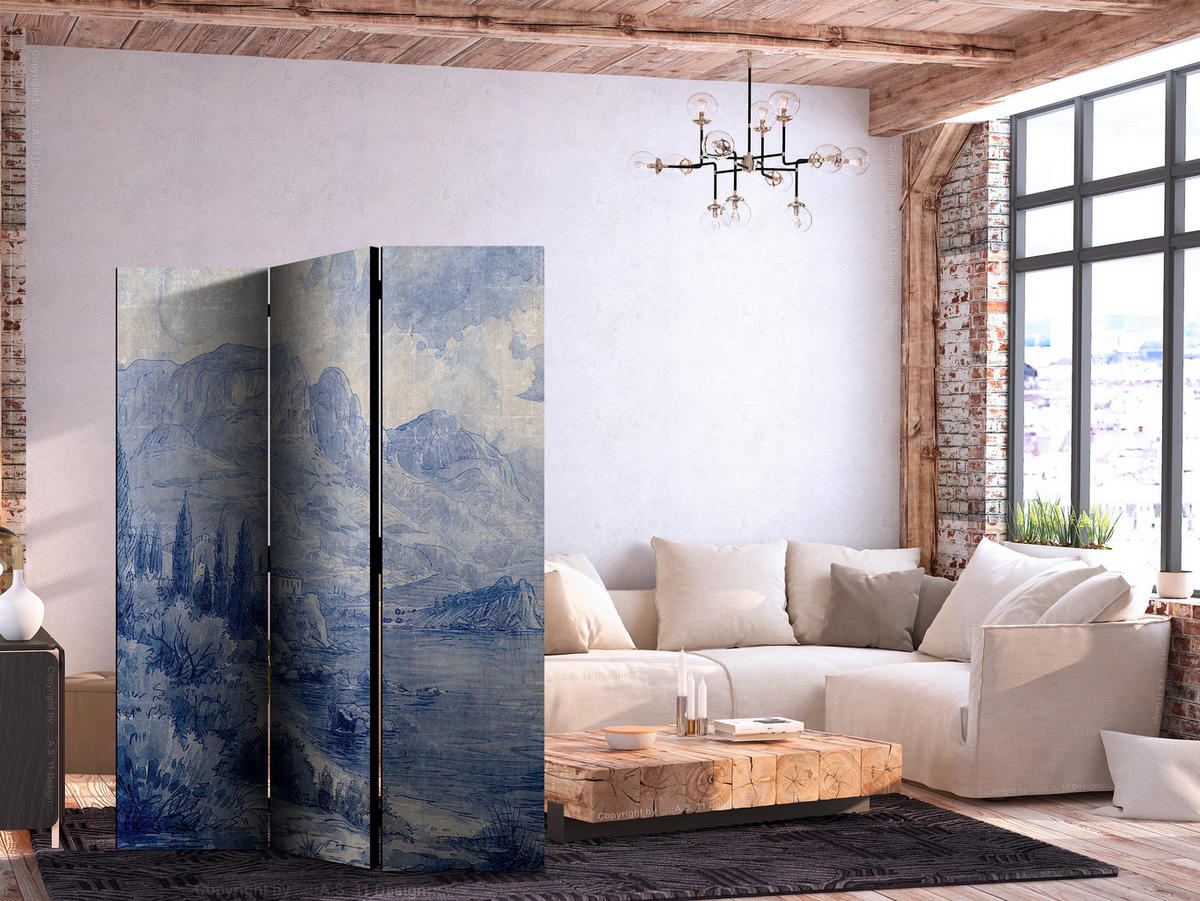 PARAVENT Einseitig Bedruckter 3-tlg 135x172 cm Comer See Vintage - Blau, Holz/Textil (135/172/3cm) - Muralo