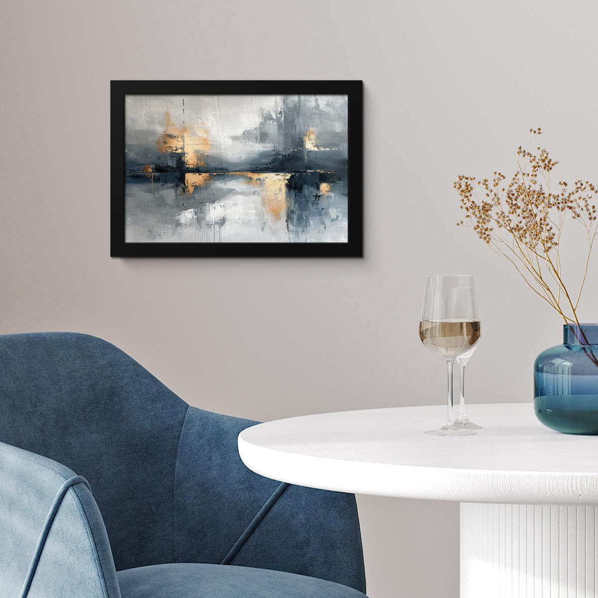 POSTER MIT RAHMEN Kunst - Grau - Gold - Abstrakt 30x20 cm - Dunkelgrau, Papier (30/20cm) - MuchoWow