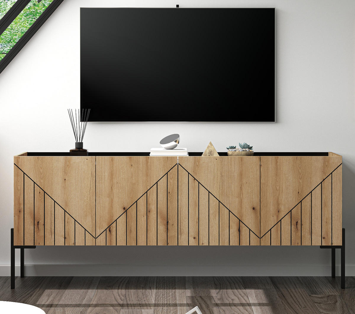 TV-LOWBOARD Evoke Eiche, TV Unterteil 153 cm, mit Soft-Close und Komforthöhe 62 cm - Eichefarben/Schwarz, Holzwerkstoff/Metall (153/62/40cm) - Inn.Furn