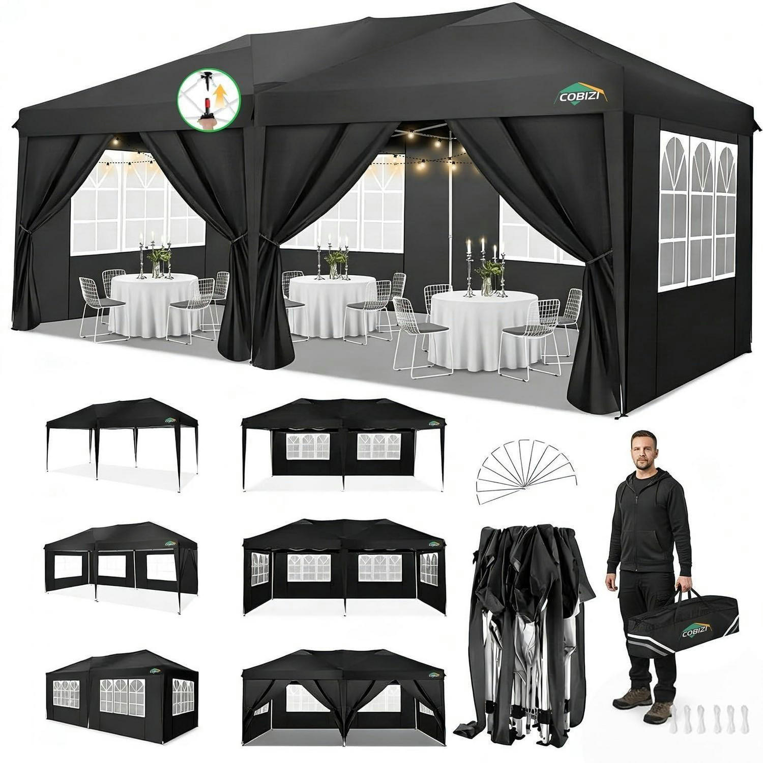 FALTPAVILLON 3 x 6 m Schwarz mit 6 Seitenwänden - Schwarz, Textil (300/275/600cm)