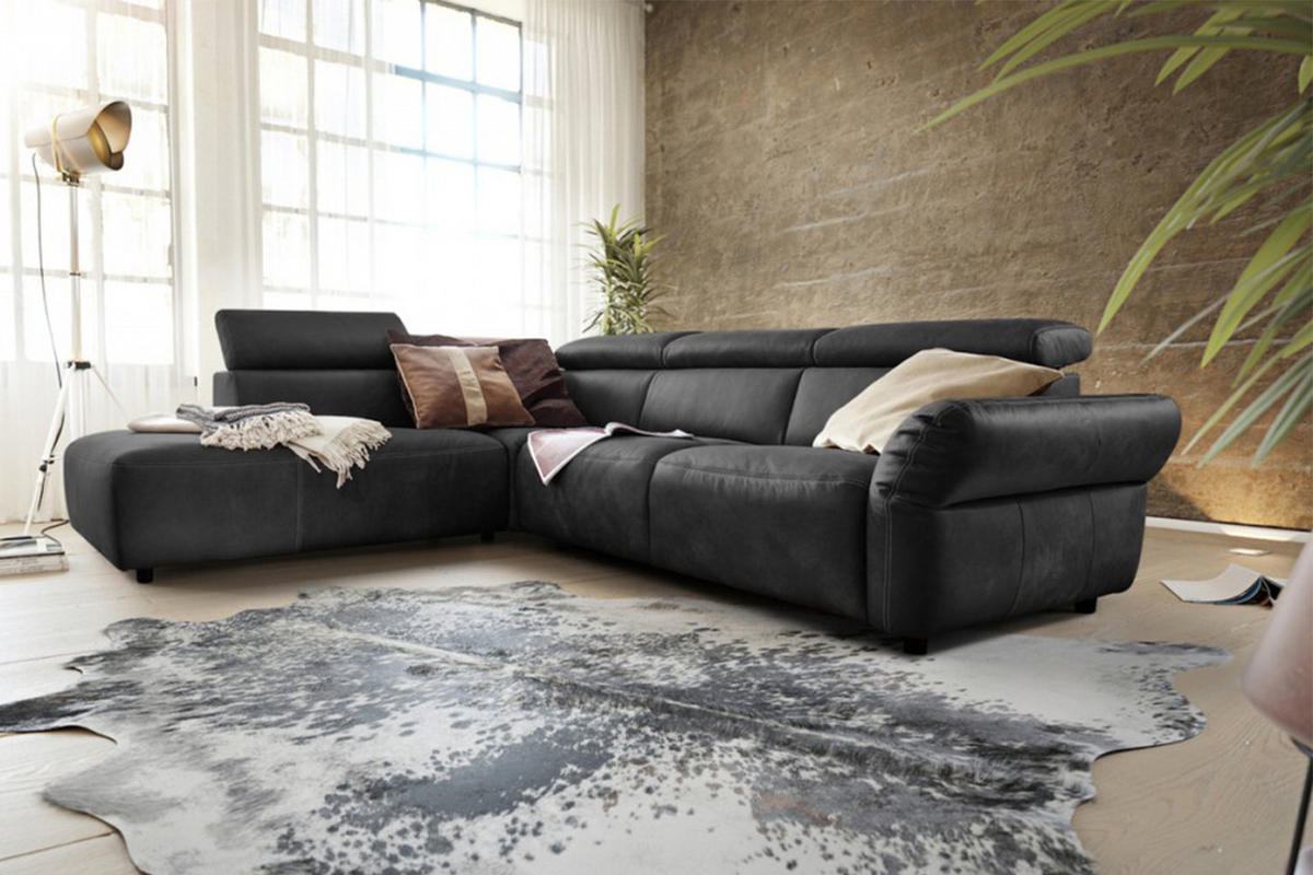 ECKSOFA MOTOR. SITZVORZUG RISO Schwarz Leder - Schwarz, Leder (263/240cm) - KAWOLA