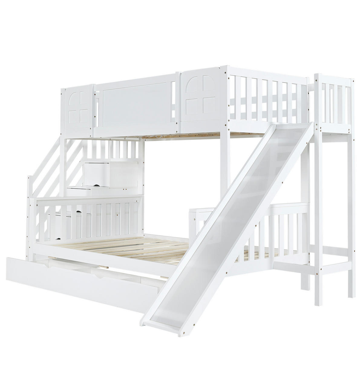 ETAGENBETT 90/120x200 cm mit Rutsche, Stauraumtreppe und Fensterdesign, Weiß - Weiß, Holzwerkstoff (90/200cm) - Redom