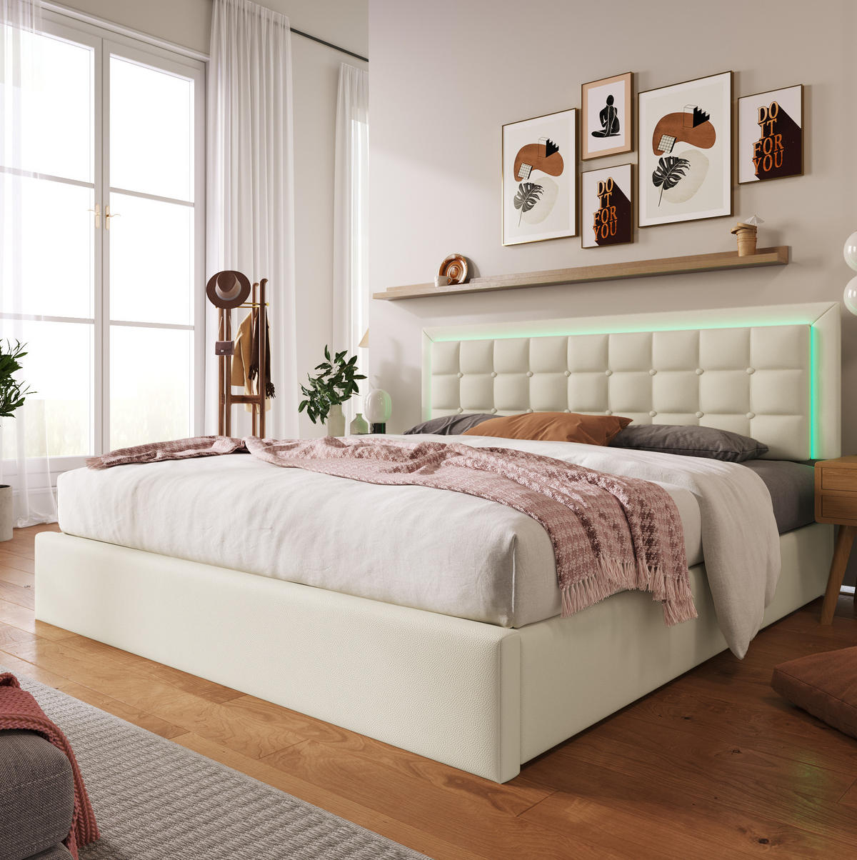 POLSTERBETT 160/200 cm mit LED-Beleuchtung, hydraulischem Stauraum und Lattenrost, Kunstleder, Weiß - Weiß, Kunststoff (160/200cm) - Redom