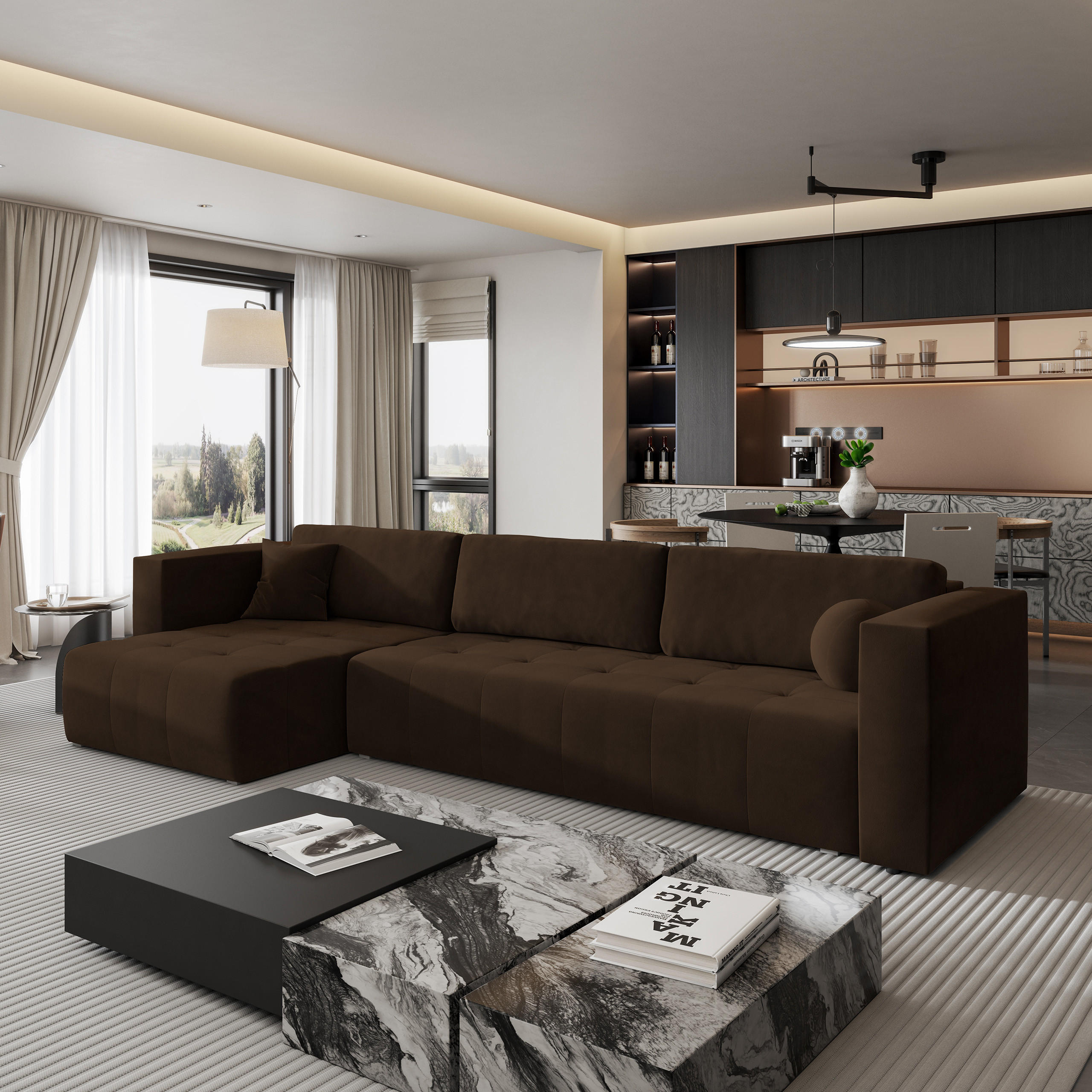 ECKSOFA OLVERA Braun Plüsch-Stoff mit Schlaffunktion - Braun, Holz (347/148cm) - MASSENO