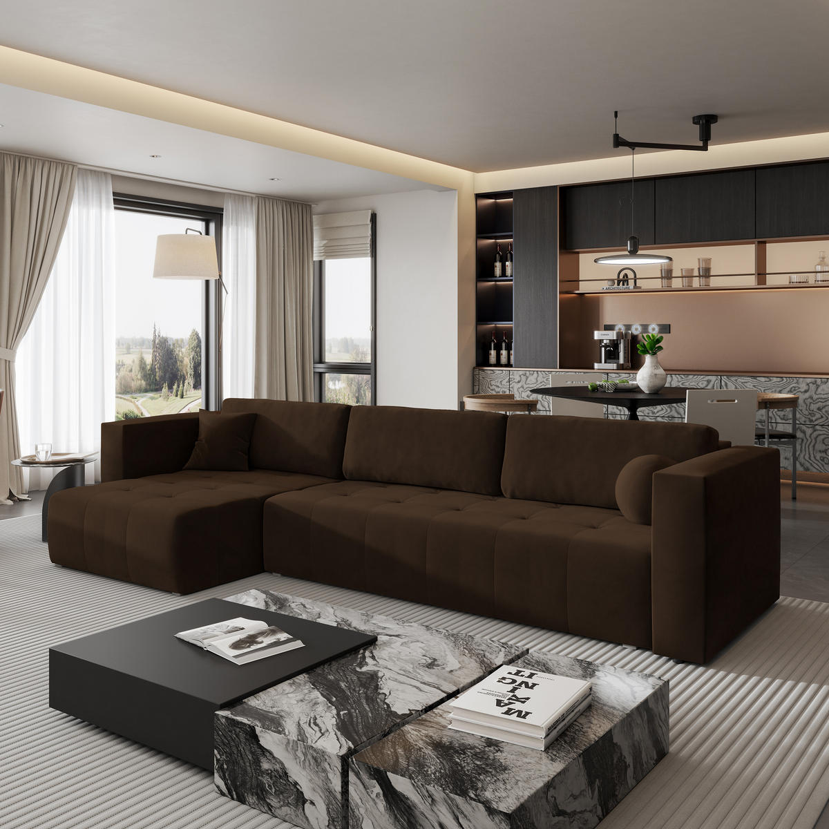 ECKSOFA OLVERA Braun Plüsch-Stoff mit Schlaffunktion - Braun, Holz (347/148cm) - MASSENO