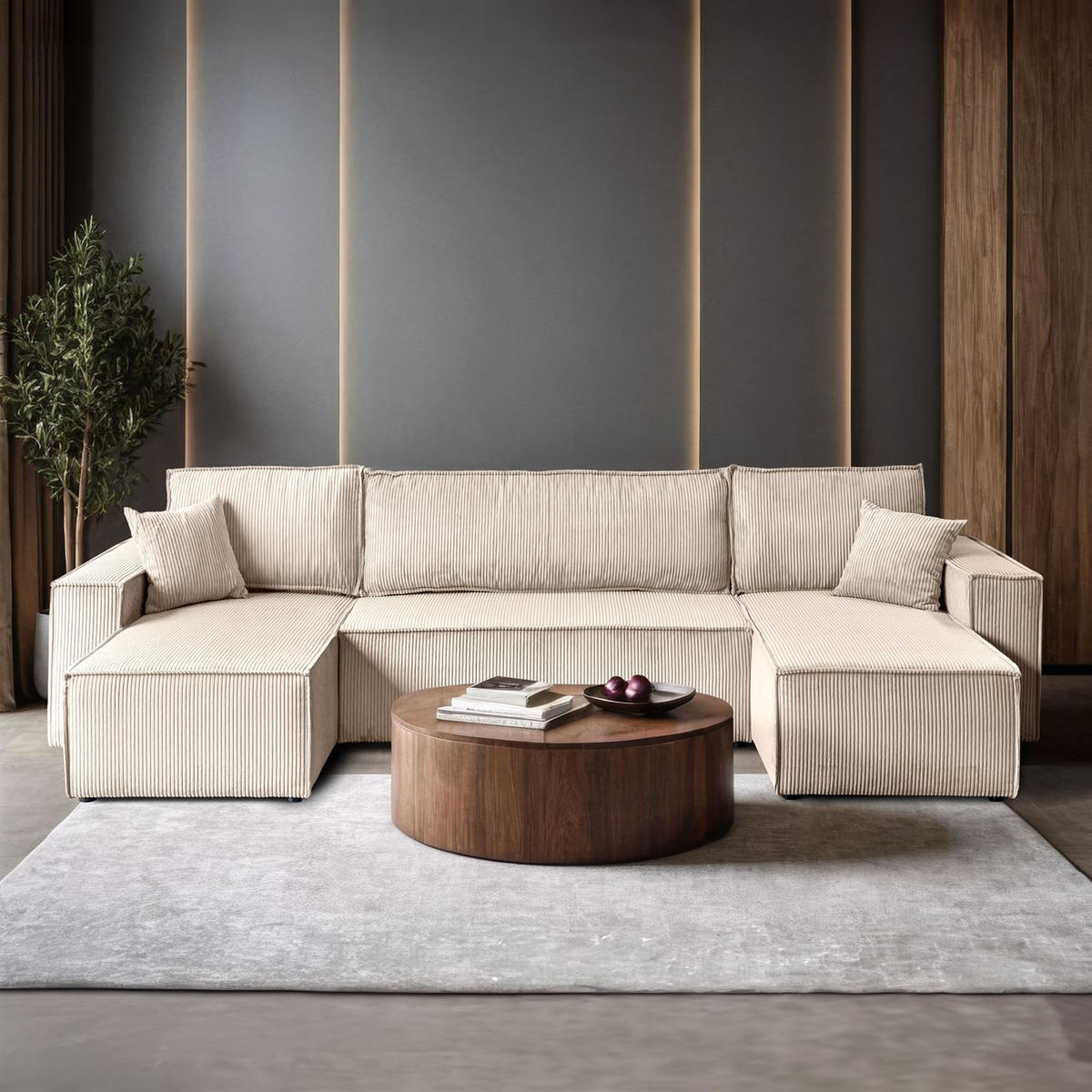 WOHNLANDSCHAFT Gepolstertes CARLO U Cord mit Schlaffunktion und Bettkasten, Poso 100 - Ecru, Textil (315/83/143cm) - Lookway