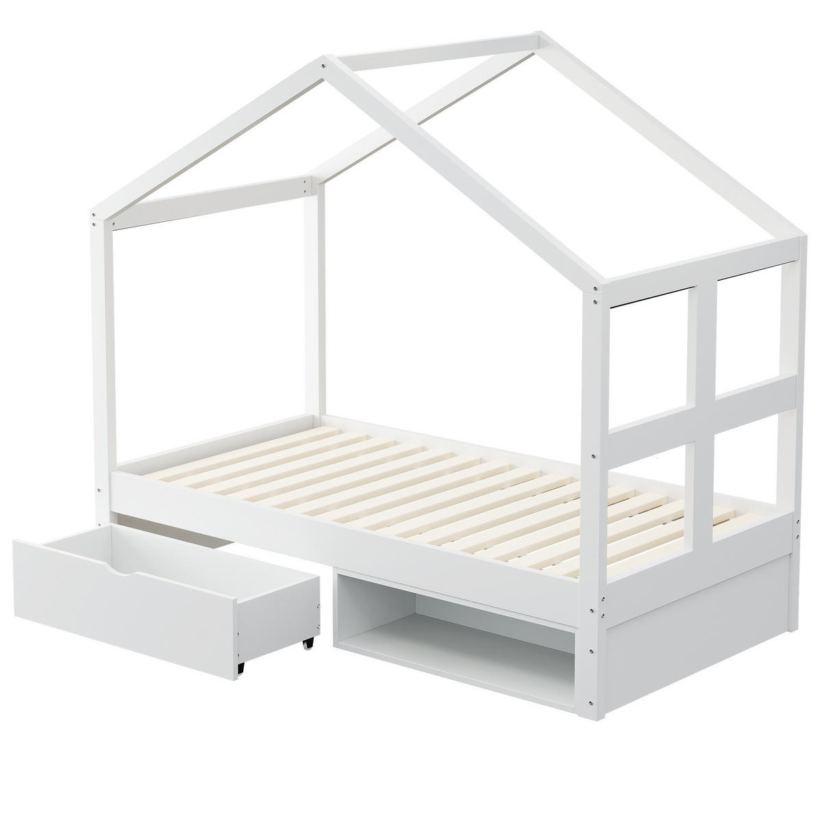 MULTIFUNKTIONSBETT Hausbett 90/190 cm, Weiß mit Schubladen, Schuhschrank und LED - Weiß, Holz (90/190cm) - MIVRAY