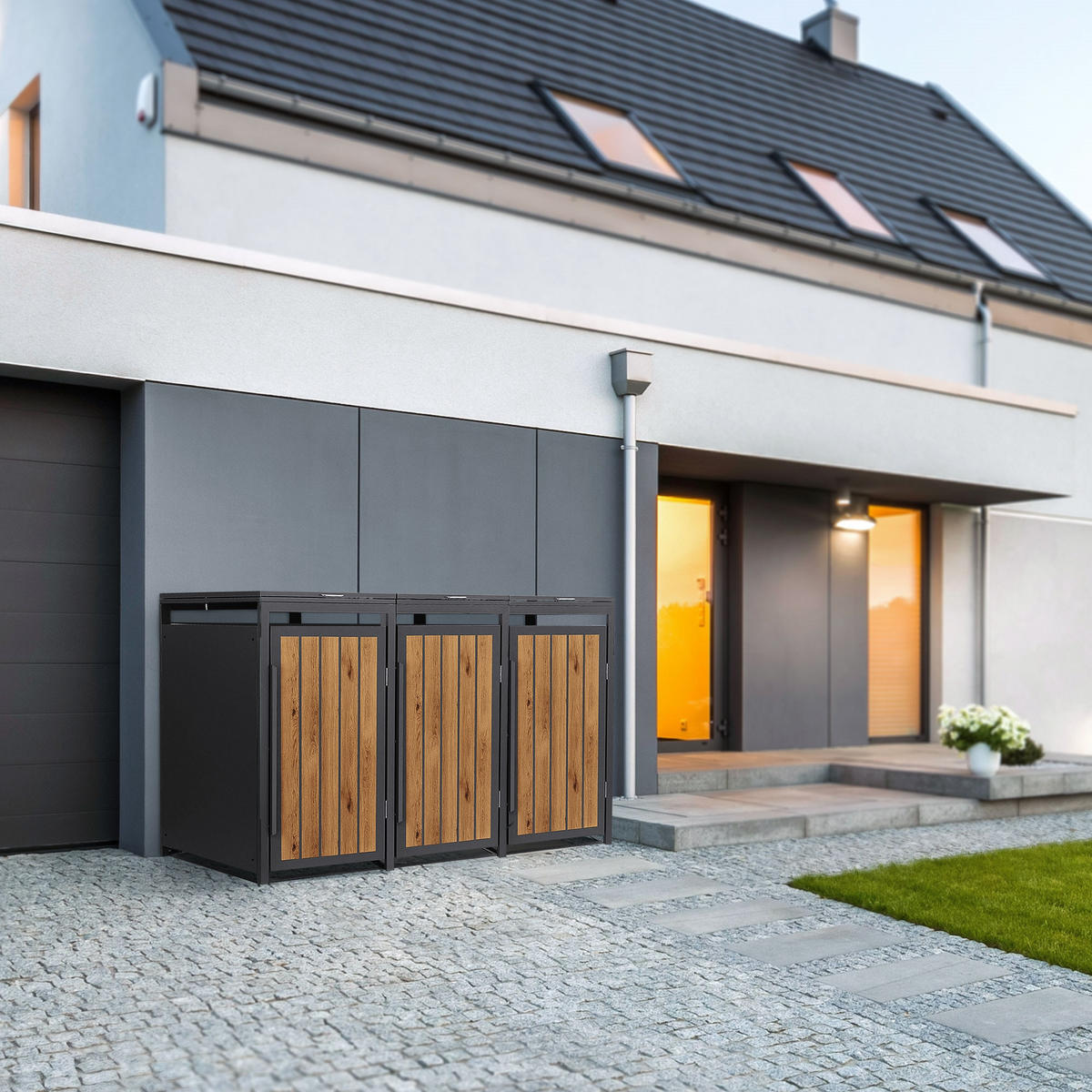 MÜLLTONNENBOX 3er 240L 196x80x120 cm Anthrazit-Eiche hell aus Stahl - Hellbraun, Metall (80/120/196cm) - ML-DESIGN