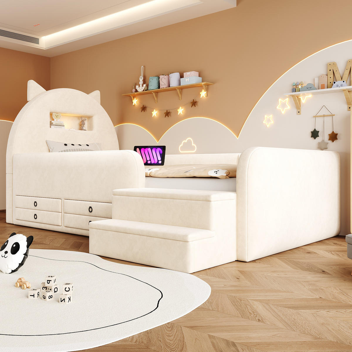 KINDERBETT 90/200 cm in Beige mit 4 Schubladen, USB und Nachtlicht Samt - Beige, Holzwerkstoff/Textil (90/200cm) - STILVORA