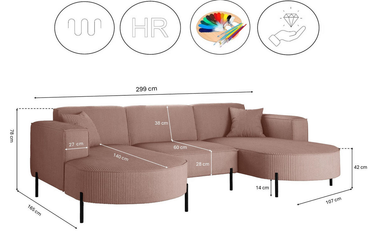 ECKSOFA Designer Modena U Rein stoff Poso Rosa - Rosa, Holz (165/299cm) - Kaiser Möbel