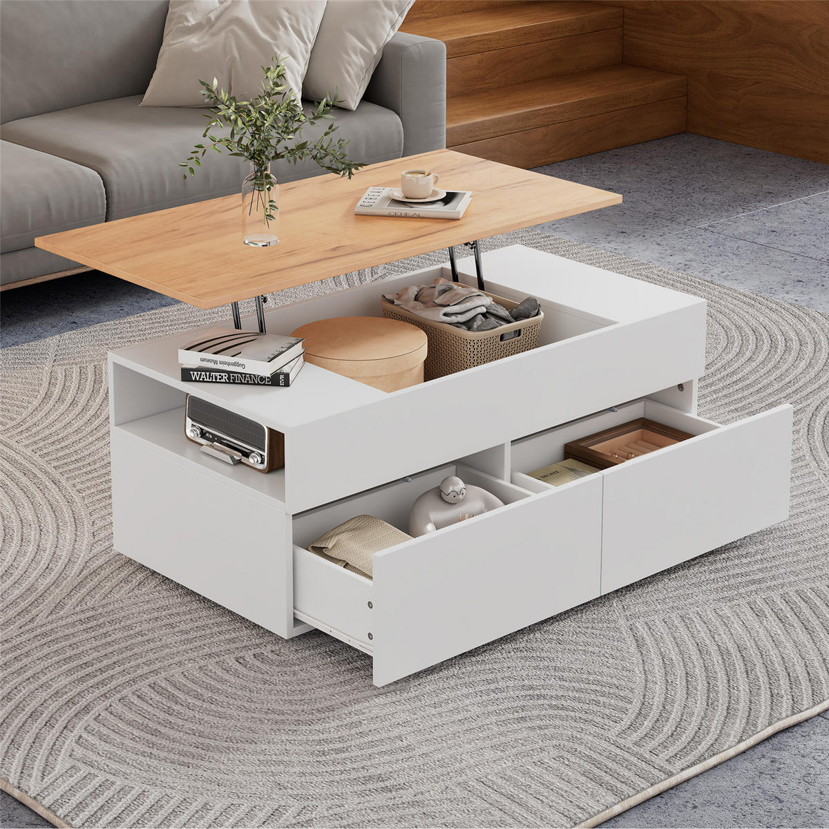 COUCHTISCH höhenverstellbar 2 Schubladen Weiß Holzfarbe 100/40/50 cm - Weiß, Holz (100/50/40cm) - Kaket