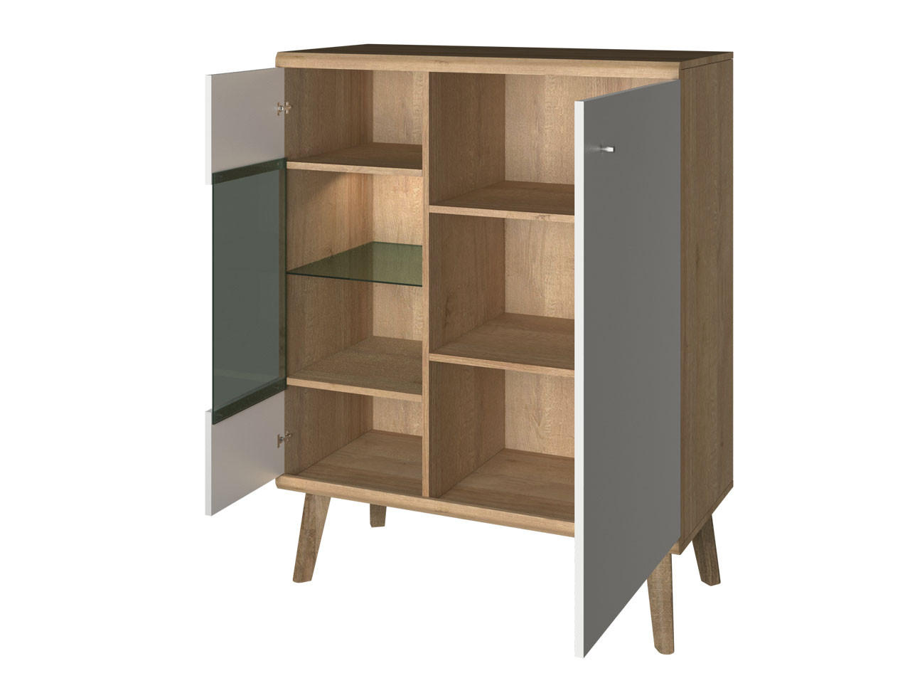 VITRINE Primo Weiß, Eiche Riviera, Zweitürige Glasvitrine - Eichefarben/Weiß, Holzwerkstoff (90/134/40cm) - Bettso