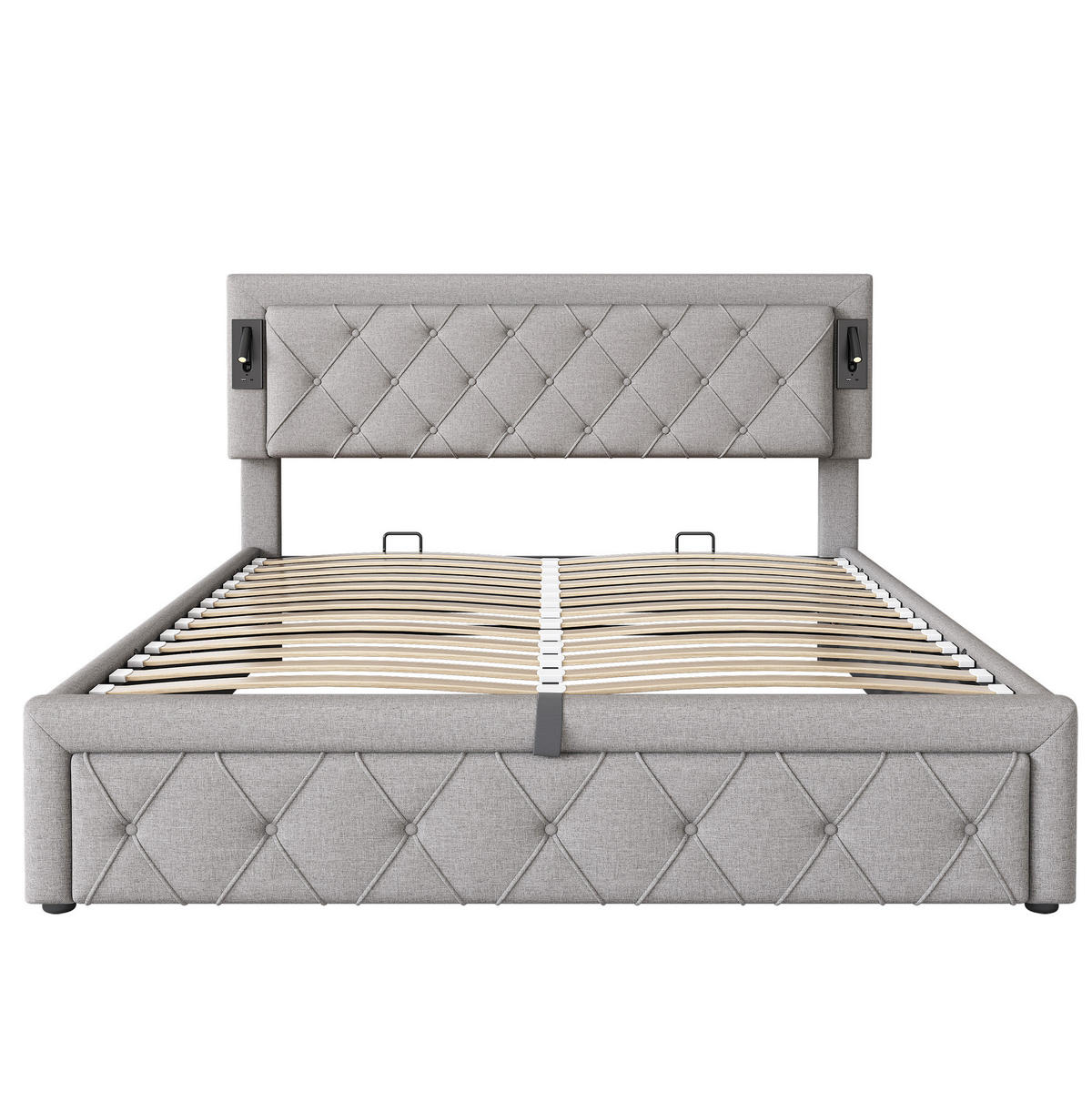 POLSTERBETT 160/200 cm mit Downlights, USB und hydraulischem Stauraum, Leinen, Grau - Grau, Textil (160/200cm) - Redom