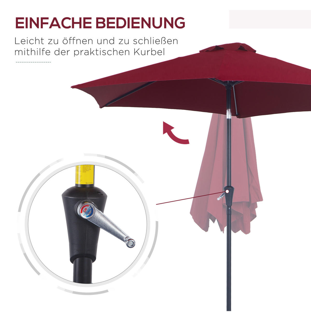 SONNENSCHIRM aus Aluminium Ø2,6xH2,35 m Rot mit Handkurbel & Knickfunktion - Rot, Metall (260/260cm) - Modfu