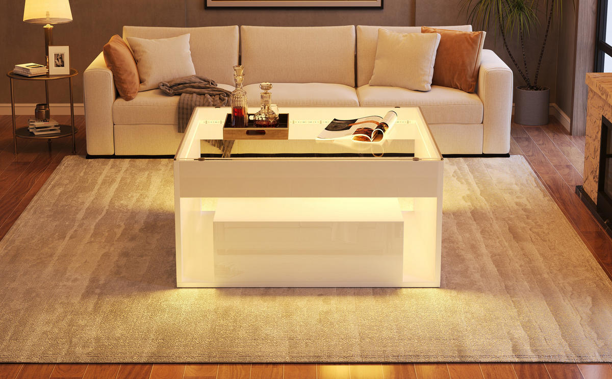 COUCHTISCH 70/70/35 cm Weiß aus Holzwerkstoff mit Glasplatte und LED-Lichtstreifen - Weiß, Holzwerkstoff (70/70/35cm) - OKWISH