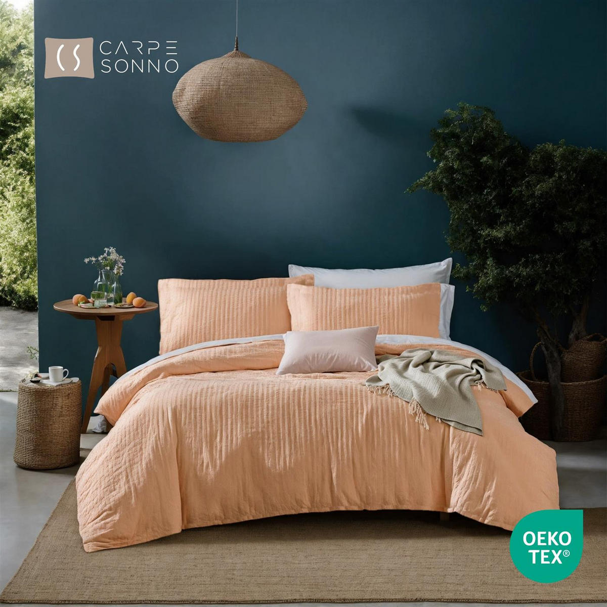 SEERSUCKER-BETTWÄSCHE 155x220 Uni Sommer Bettbezug Bügelfrei aus 100% Baumwolle, Bettbezüge einfarbig Apricot - Altrosa, Textil (155/220cm) - Carpe Sonno