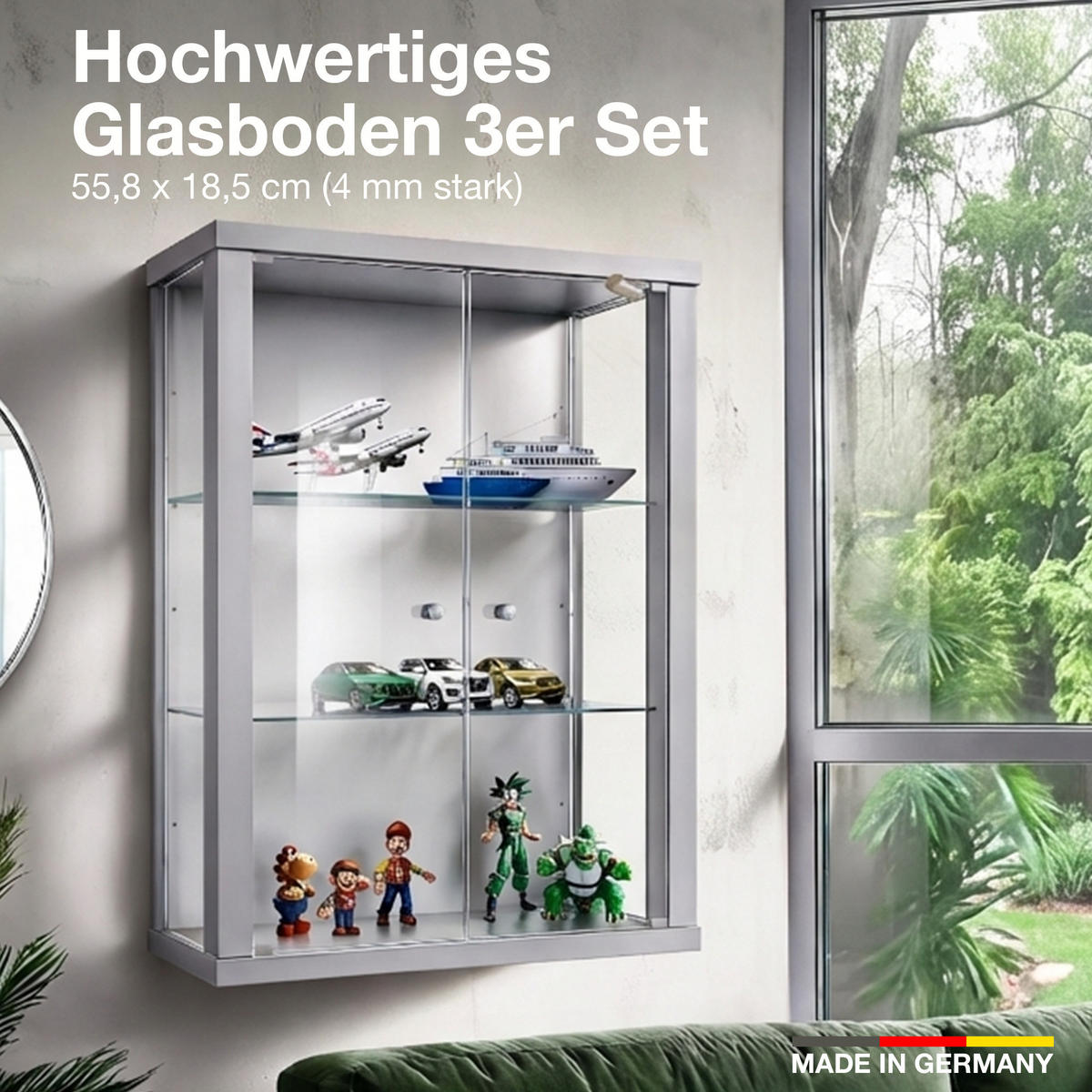 GLASBODEN 3er Set 18,5/55,8/0,4 cm für Hängevitrinen Erweiterungsset - Transparent, Glas (55.8/0.4/18.5cm) - K-Möbel