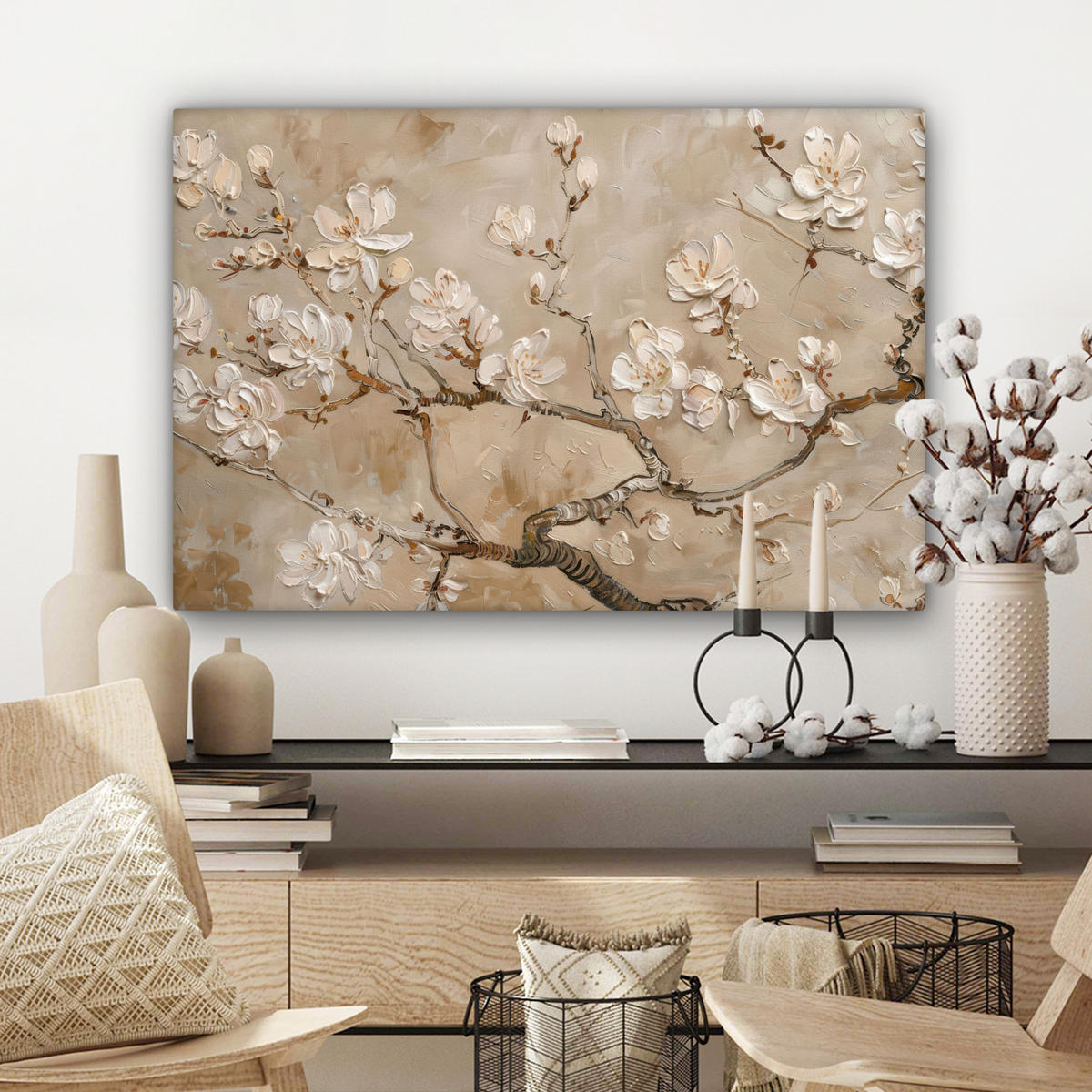 LEINWANDBILD - Blumen - Modern - Beige - Weiß - Blüte - 90x60 - Deko Wohnzimmer - Beige, Textil (90/60cm) - MuchoWow