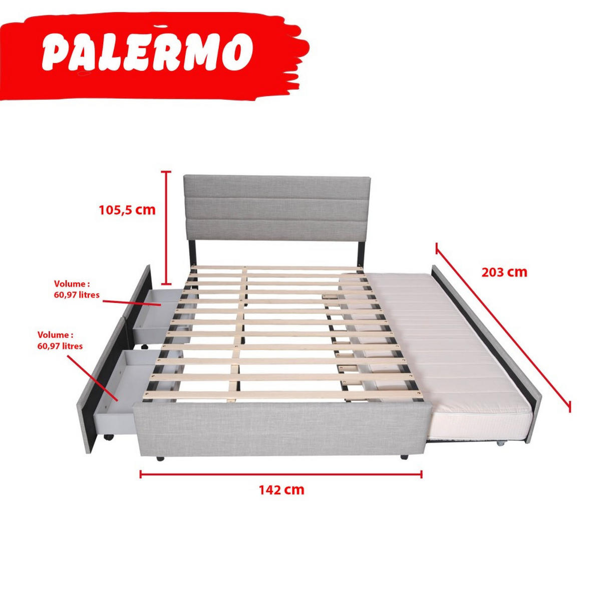 BETT mit Schubladen und Bett-Schublade/ Bett PALERMO 140x200- Hellgrau - Grau, Holzwerkstoff (140/190cm) - Weber Industries