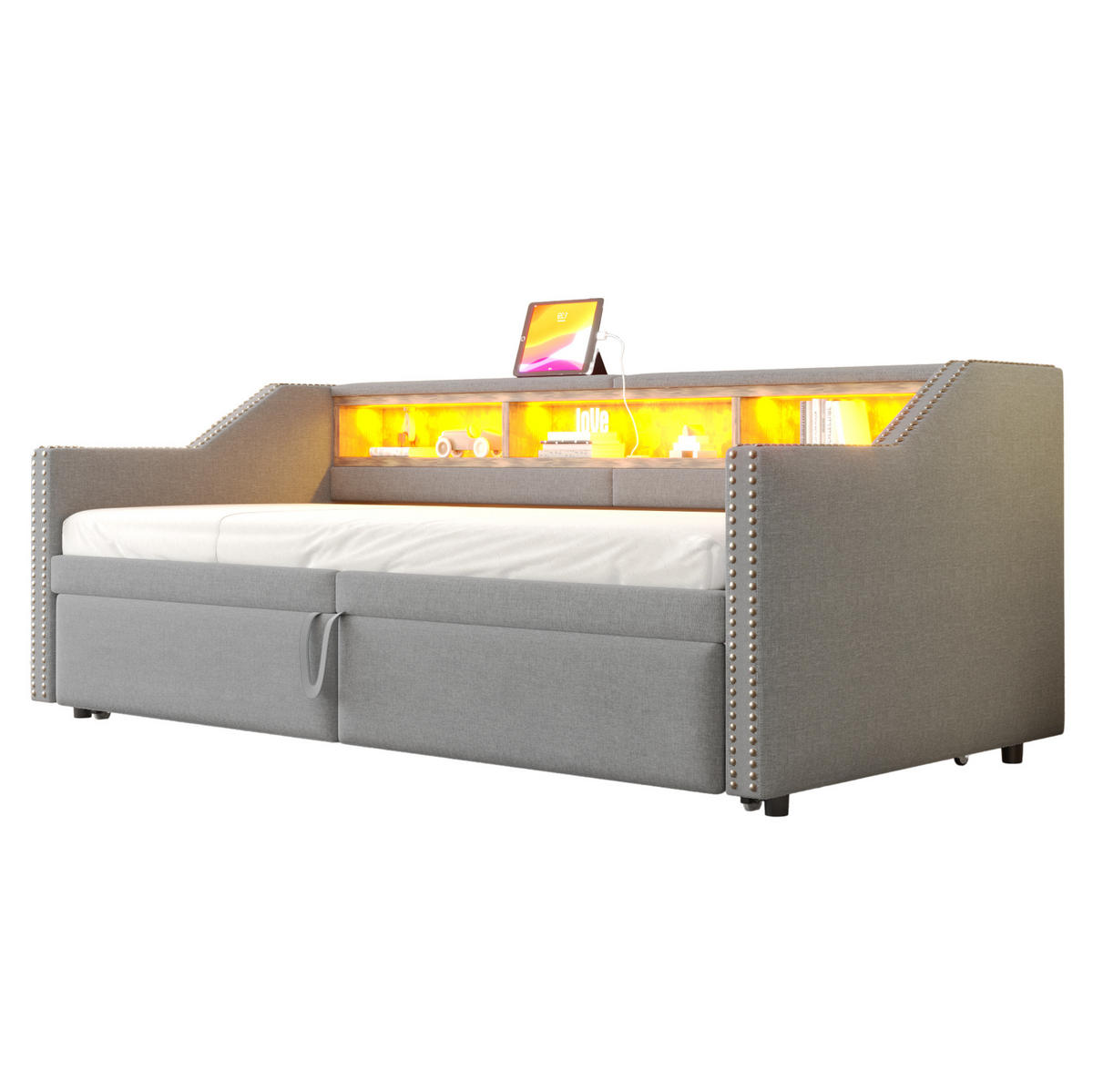 POLSTERBETT 90/180x200 cm mit Ausziehbett, LED-Beleuchtung und USB - Hellgrau, Textil (90/200cm) - BEAOK