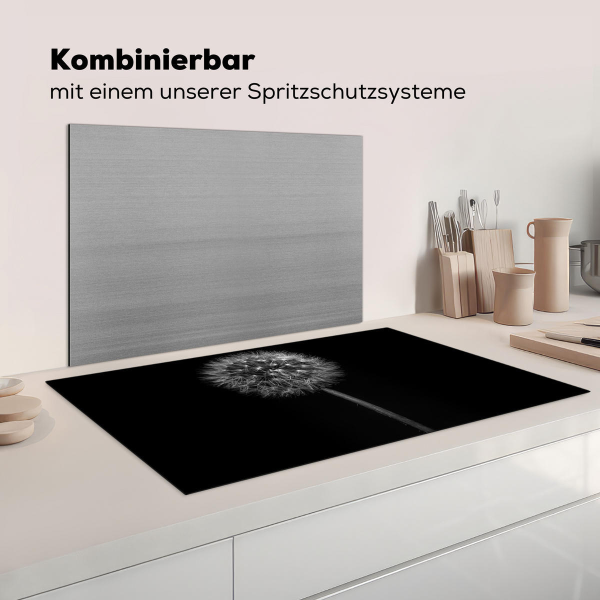 KRYT NA INDUKČNÍ DESKU Pampeliška - černá - květinová - botanická 90x52 cm - šedá, plast (90/52/0.2cm) - MuchoWow