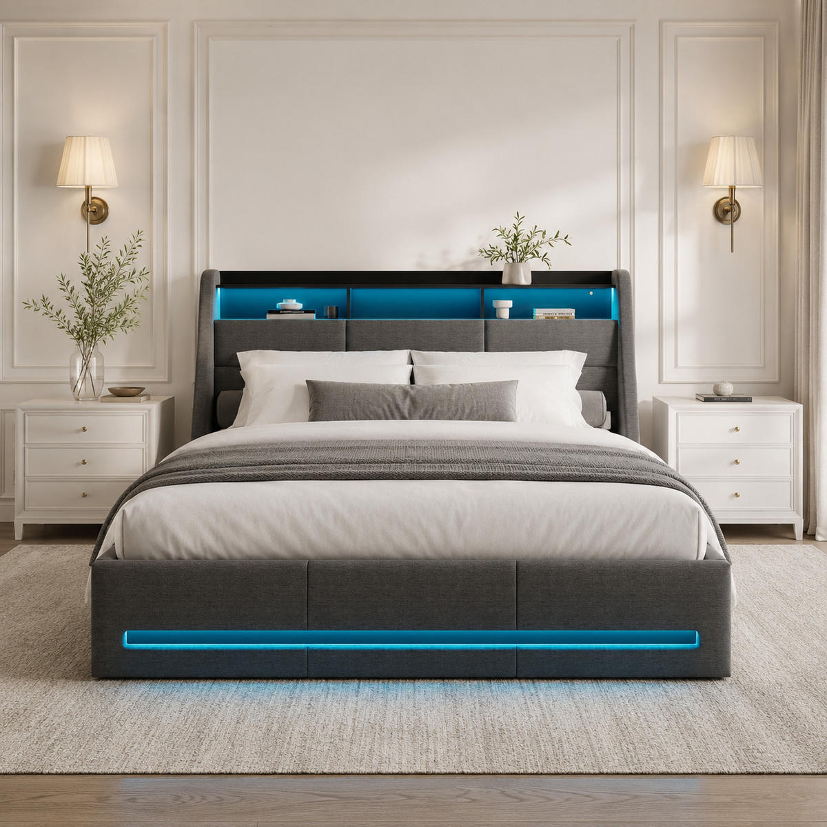 POLSTERBETT 140/200 cm Grau mit Bettkasten, LED, USB-Anschlüssen, Kopfteil-Ablage und Lattenrost - Grau, Holz/Metall (140/200cm) - Joyfair