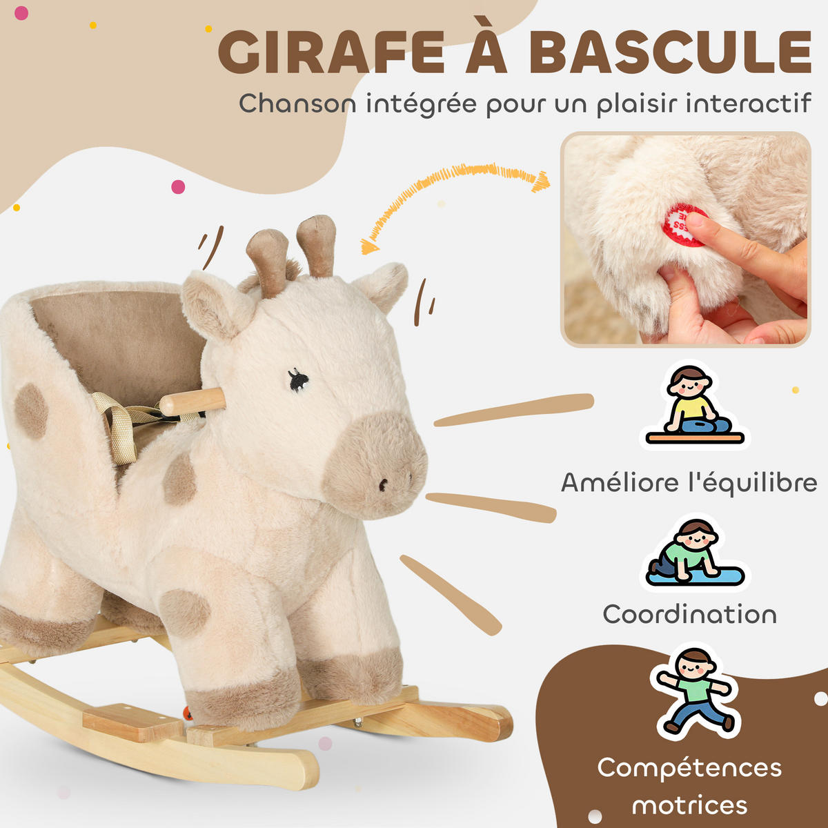SCHAUKELPFERD DE-18247 Giraffe mit Sound & Sicherheitsgurt Beige - Beige, Holz (35/50/68cm) - ComfortXL