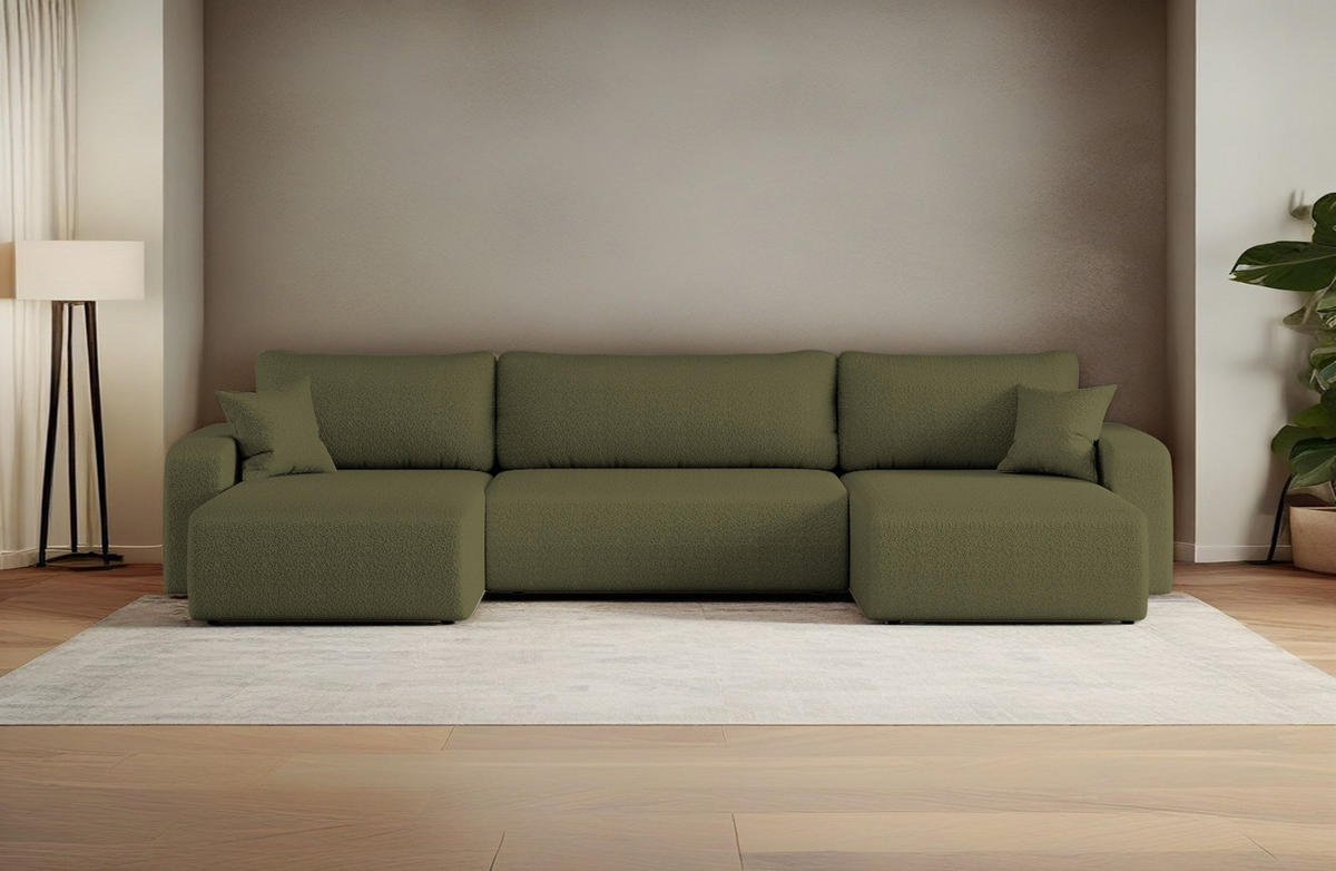 ECKSOFA U-Form Mit Schlaffunktion Und Bettkasten MILANO Stoff Olive - Olivgrün, Holz (312/145cm) - Kaiser Möbel