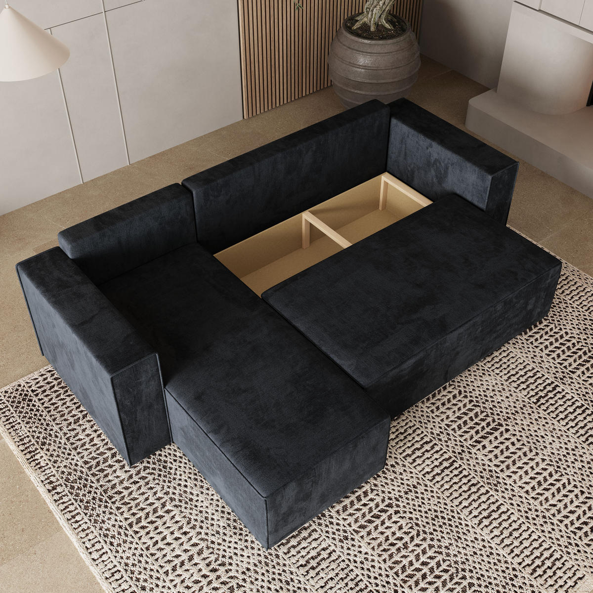 ROHOVÁ SEDAČKA RAVELO černá - šedá/černá, dřevo/textil (240/140cm) - MASSENO