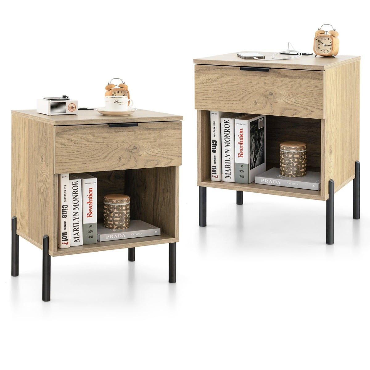 NACHTTISCH 2er Set Mid-Century Modern mit Ladestation, Schublade und offenem Fach - Silberfarben/Naturfarben, Holzwerkstoff/Metall (45/58/40cm) - DESIGN IN