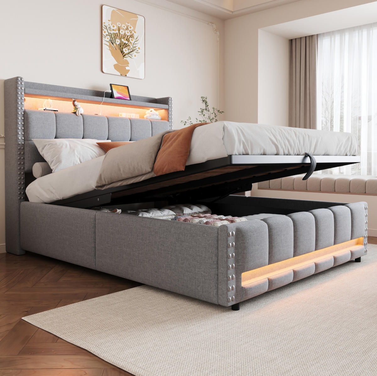 POLSTERBETT mit LED-Beleuchtung 140/200 cm mit Bettkasten und USB, Hellgrau - Hellgrau, Textil (140/200cm) - BEAOK