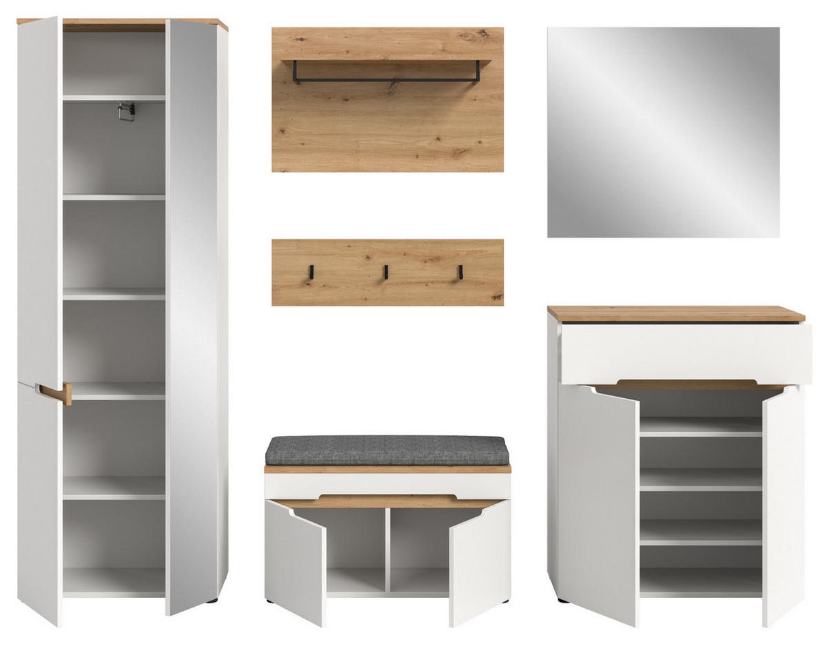 GARDEROBEN-SET weiß, Eiche Artisan 7-teilig, Komplett-Set mit Soft-Close und Sitzkissen - Weiß, Glas/Holzwerkstoff (255/190/37cm) - Inn.Furn