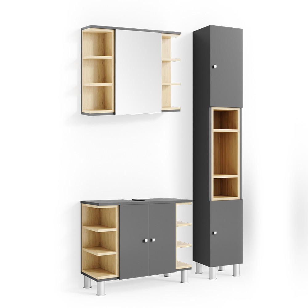 BADMÖBEL-SET Aquis Anthrazit 3 Teile, mit Hochschrank - Anthrazit/Sonoma Eiche, Holzwerkstoff (79.6/64/32cm) - Vicco