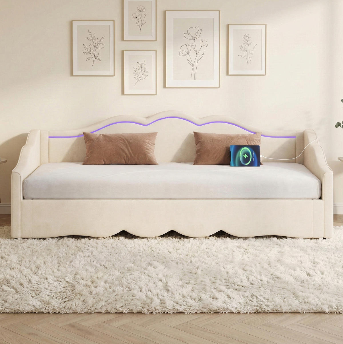 ROZKLADACIA posteľ 90/200 cm béžová zo zamatu s LED osvetlením a USB/Type-C - béžová, textil (90/200cm) - OKWISH