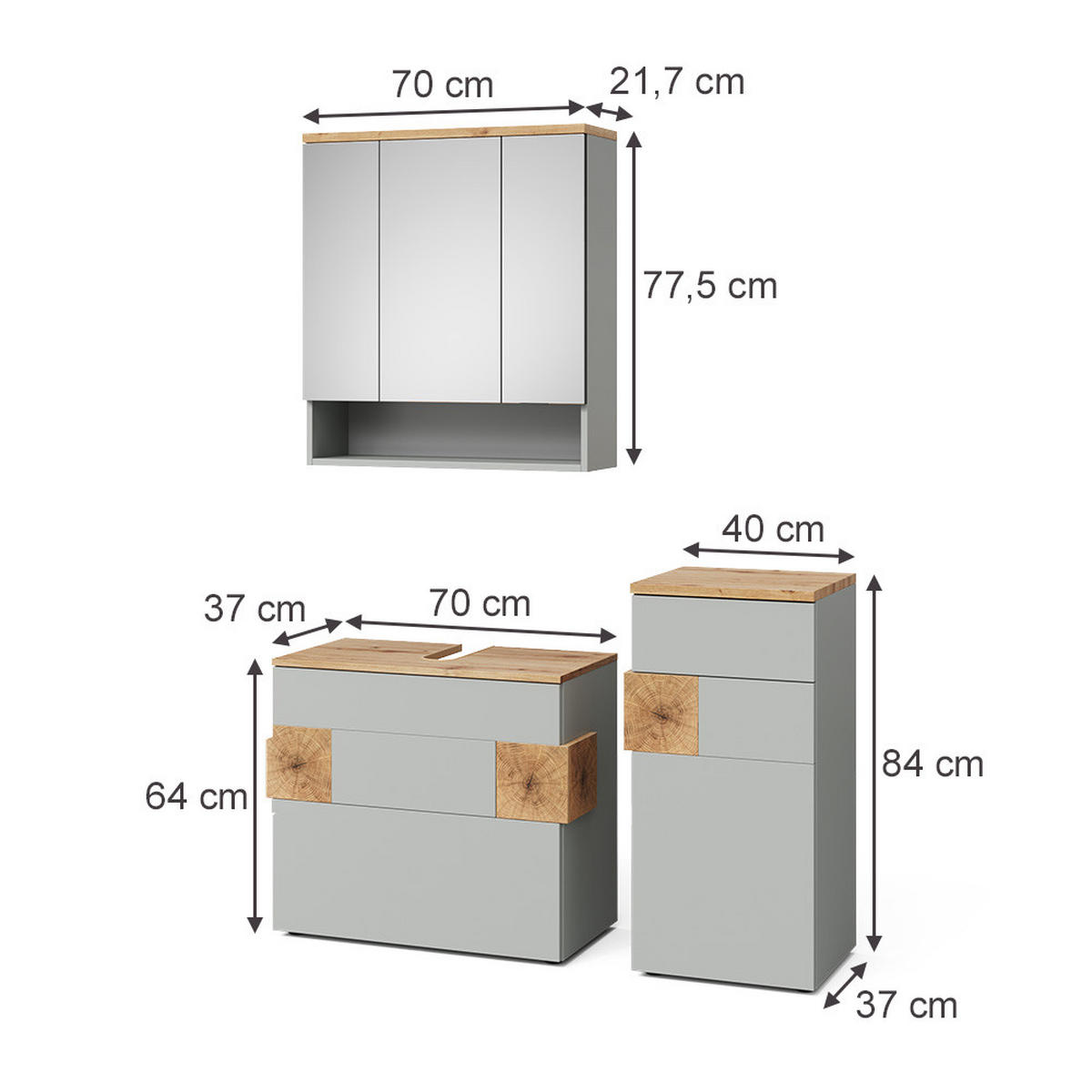 BADMÖBEL-SET Eden Grau/Artisan 3 Teile - Grau, Holzwerkstoff (70/64.5/37cm) - Vicco
