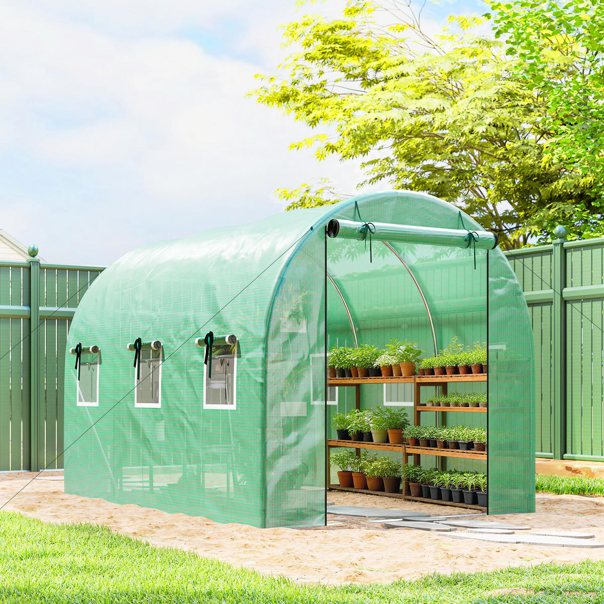 GEWÄCHSHAUS 3 x 2 x 2 m Foliengewächshaus mit Rollbar Reißverschlusstür - Grün, Kunststoff (200/200/300cm) - Outsunny