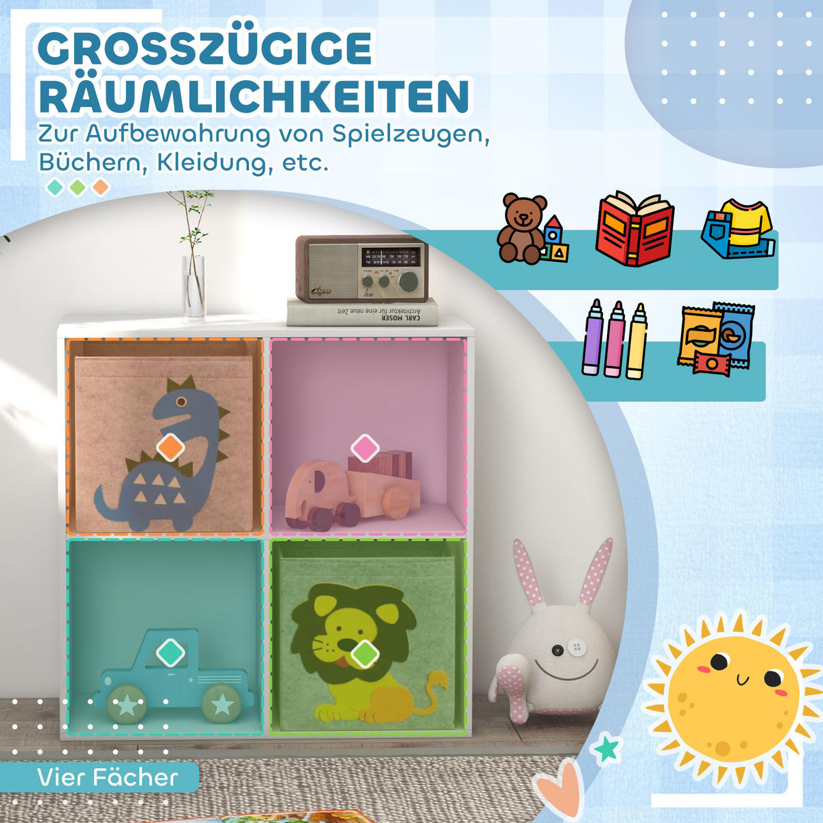 KINDERREGAL Bücherregal mit 2 Aufbewahrungsboxen für Kinderzimmer Weiß+Grau - Weiß, Holzwerkstoff (29.9/61.8/61.8cm) - ZONEKIZ