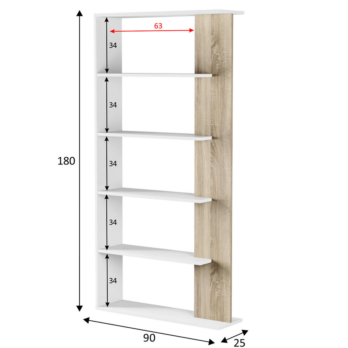 REGAL Lugo Weiß/Eiche 5 Fächer - Weiß, Holzwerkstoff (90/180/25cm) - VS Venta-stock
