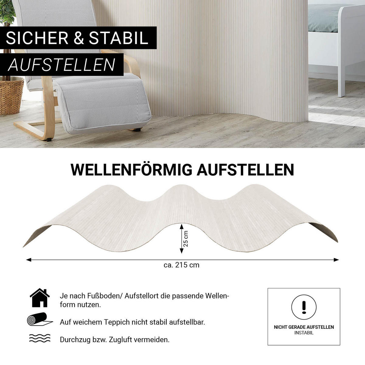 PARAVENT 250/200 cm Weiß Raumteiler Bambus - Weiß, Naturmaterialien (250/200/1cm) - Homestyle4u